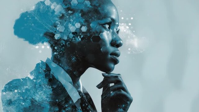 Contemplation of Thoughts: A composite portrait of a pensive woman, her visage intertwined with elements suggesting the flow of ideas and a probing mind.