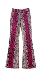 Snake print flared pants with magenta panels on a black background