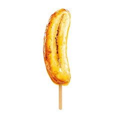 Grilled banana on a stick, golden brown with visible grill marks, isolated