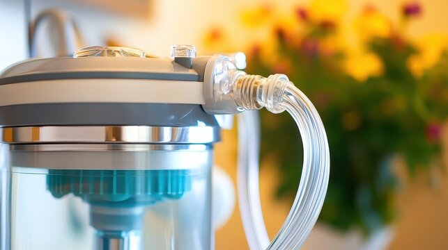 Close up of a portable oxygen concentrator with a clear medical tube attached and coiled