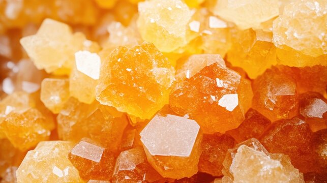 Close up of brightly colored orange rock candy crystals with geometric facets