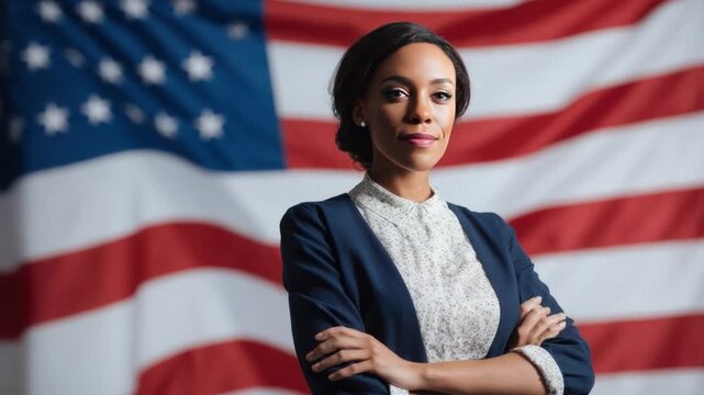 Leadership and Patriotism: Confident figure stands proudly against the backdrop of the American flag. The image captures the essence of strength, dedication, and service.