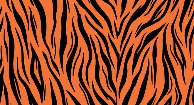 Seamless bold orange and black tiger stripe pattern with dynamic flowing animal print lines in a modern style