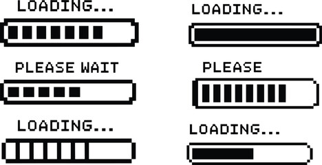 Retro pixel art loading bars set, progress indicators, segmented blocks, text labels, UI elements, digital interface, monochrome graphics © Ashik World