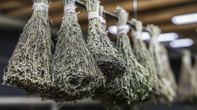 Bundles of dried fragrant herbs hanging on a rack for curing and preservation indoors