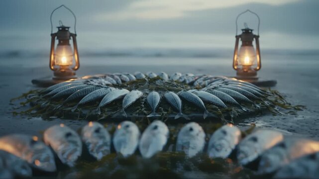 Lanterns Illuminate Harvested Fish on the Shore