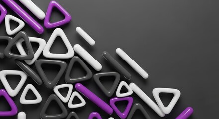 Fototapeta premium Glossy geometric shapes in shades of purple gray and white scatter across a dark background