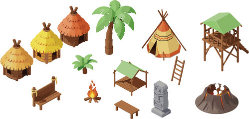 Isometric Tribal Village Assets Vector Set with Huts, Teepee Tent, Watchtower, Campfire, Furniture, Palm Trees, and Ancient Settlement Elements © Sanjida