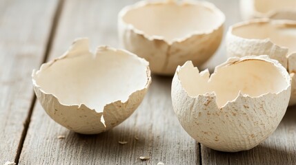 Collection of dry cracked empty eggshells with rough edges arranged on a wooden surface showcasing natural textures and light