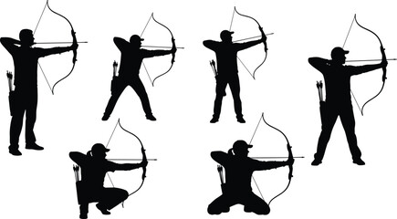Silhouette of male and female archers in various shooting poses with recurve bows and arrows, isolated on white background for design. © clickwavebd