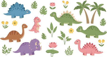 Cartoon dinosaur illustration set featuring Stegosaurus, Triceratops, Sauropod, and Theropod with tropical plants, palm trees, and flowers in colorful children’s vector artwork. © MdMahatab