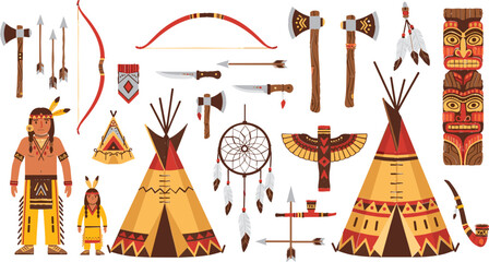 Native American Tribal Culture Vector Illustration Set with Teepees, Totem Poles, Dreamcatchers, Traditional Weapons, Clothing, and Ethnic Decorative Symbols © Sanjida