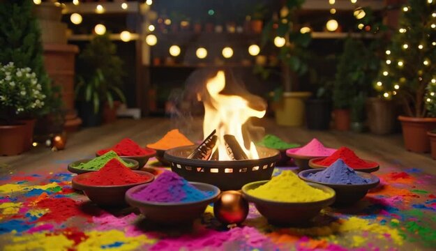 Holika Dahan Festive Scene with Bonfire and Holi Powders in Clay Bowls and Marigold Decorations
