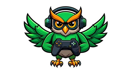 Obraz premium A cartoon owl with headphones and a gamepad, wings spread wide