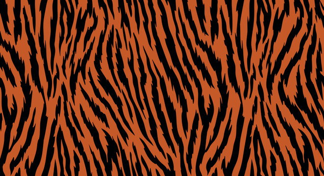 Seamless orange and black zebra stripe pattern with bold flowing animal print lines for modern surface design