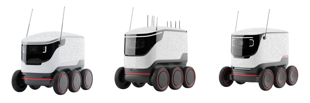 Set of autonomous delivery robots isolated on white background, robotic food delivery vehicles with wheels and antennas, future logistics and automation technology