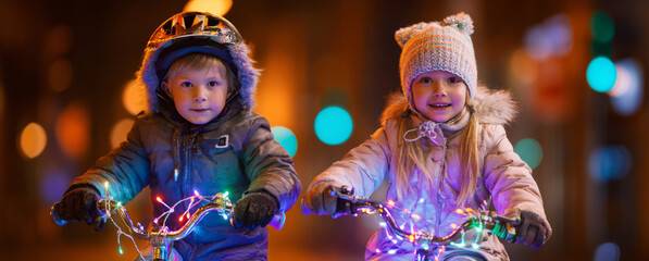 Fototapeta premium Two children riding bicycles decorated with colorful led string lights during evening outdoor setting, wearing warm winter jackets and hats