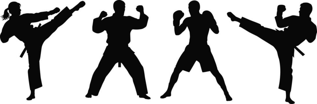 Action martial arts silhouettes showing karate kick, boxing stance, taekwondo fighter, mma training, judo poses, combat sports workout isolated on white.