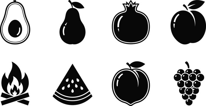 Black Vector Fruit Icons Set Featuring Avocado, Pear, Pomegranate, Apple, Campfire, Watermelon Slice, Peach, and Grapes for Food and Nature Design