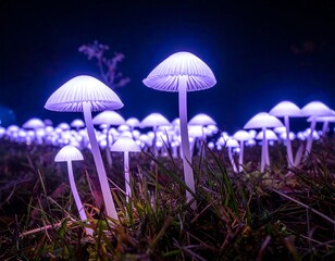Fototapeta premium Bioluminescent mushrooms glowing in darkness