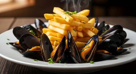 mussels with tomato sauce, Gourmet Steaming Mussels and French Fries Seafood Platter with Herbs