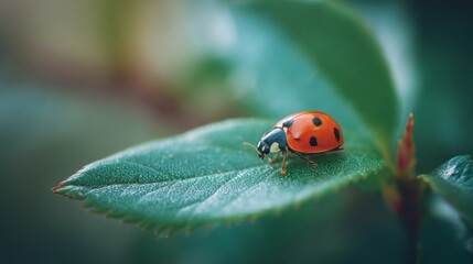 Fototapeta premium Ladybug on Fresh Leaf Centered in Macro Spring Scene with Subtle Bokeh Glow, Minimalist Background, Refined Advertising Aesthetic, Calm Poetic Nature Composition