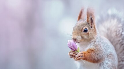 Fototapeta premium Squirrel Holding a Flower Bud in Gentle Spring Light with Pastel Bokeh Background, Left-Aligned Subject with Wide Right Negative Space, Refined Commercial Style