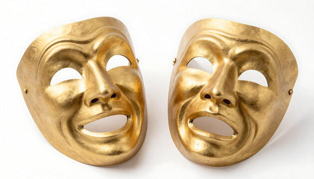 Golden Comedy and Tragedy Theater Masks Isolated on White Background