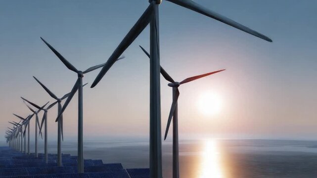 Wind Turbines: A row of wind turbines stands tall against a stunning sunset, symbolizing renewable energy and environmental responsibility. capturing clean energy solutions