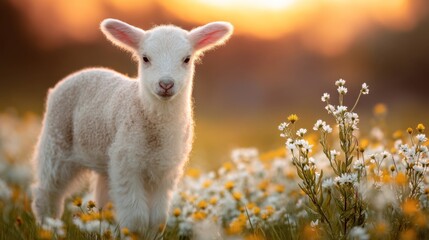 Obraz premium Baby Lamb Standing Among Spring Flowers on Right with Warm Light and Soft Bokeh, Serene Commercial Scene with Large Empty Left Area for Campaign Text