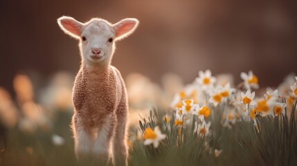 Obraz premium Baby Lamb Standing Among Spring Flowers on Right with Warm Light and Soft Bokeh, Serene Commercial Scene with Large Empty Left Area for Campaign Text