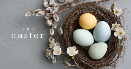 easter card with easter eggs in a nest and the text happy easter,