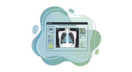 Obraz premium Artificial intelligence analyzing a human chest X-ray on a computer screen, showcasing medical diagnostics and technological advancements in healthcare.