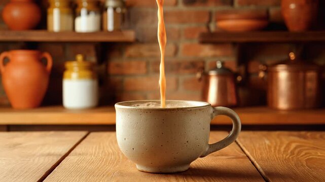 Masala Chai being poured through a strainer into a stoneware mug