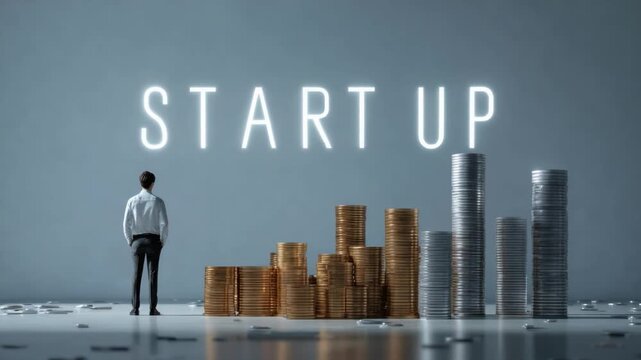 Vision of Startup Success: A lone figure gazes at a bright 'Start Up' sign, symbolizing a visionary's journey through a landscape of stacked coins representing growth and financial milestones.