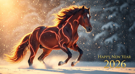 Majestic horse running in snowy landscape with neon glow