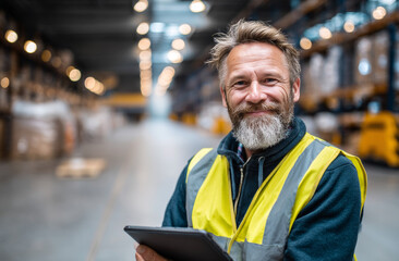 Fototapeta premium Smiling middle-aged male warehouse worker with gray beard wearing a high-visibility yellow safety vest inside an industrial storage facility