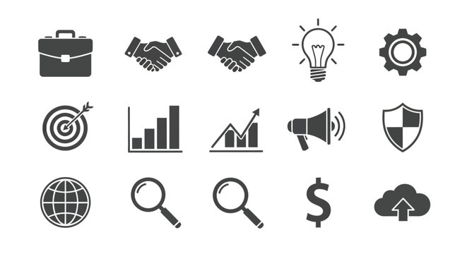 Business and business icons target handshake light bulb gear graphs megaphone shield globe magnifying glass dollar cloud with arrow business concept finance marketing communication
