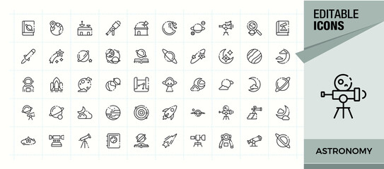 Astronomy linear icon set. Featuring cosmos, universe, planet, galaxy and more. Asteroid linear icon collection. Icons for application. Vector illustration. Pixel perfect. © falconixit