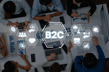 A collaborative workspace showcasing business professionals analyzing data with digital icons...