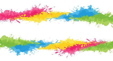 Fototapeta premium Colorful Holi festival pattern with pink, blue, yellow, and green paint splatters on a white background, creating a vibrant and festive vector design element.