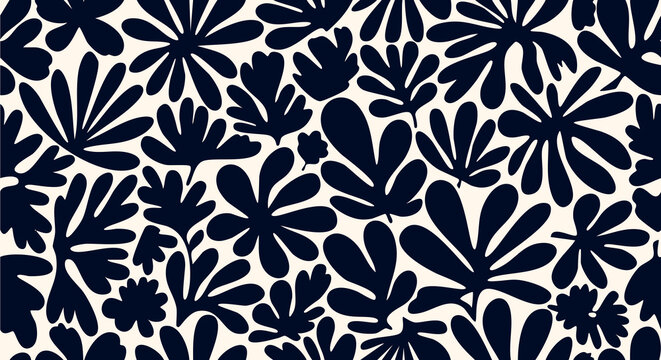 Seamless modern floral pattern with bold navy blue botanical shapes on soft neutral background