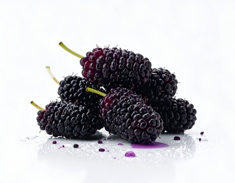 Pile of Fresh Black Mulberries on White Background.