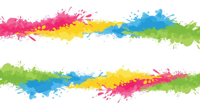 Colorful Holi festival pattern with pink, blue, yellow, and green paint splatters on a white background, creating a vibrant and festive vector design element.