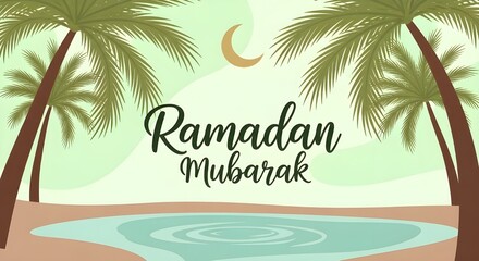 Fototapeta premium Minimalist Ramadan Mubarak Illustration Featuring Elegant Script Typography on a Tropical Desert Oasis Background with Palm Trees, a Calm Water Pool, and a Golden Crescent Moon in the Sky