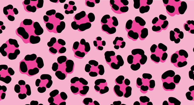 Seamless playful leopard print pattern with bold black organic animal spots on vibrant pink background