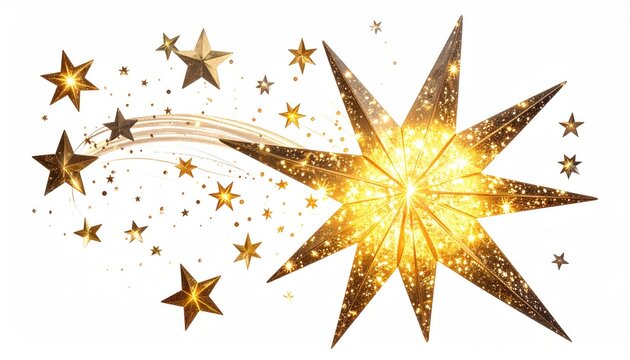 Golden starburst on white background, streaking across, used for Christmas design