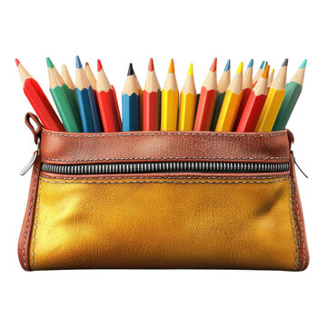 Leather pencil case pouch filled with colored pencils isolated on Transparent Background