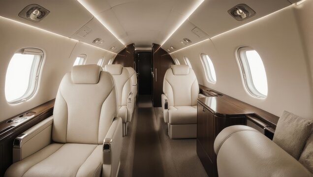 Interior view of a private aircraft cabin, showcasing leather seating and refined design