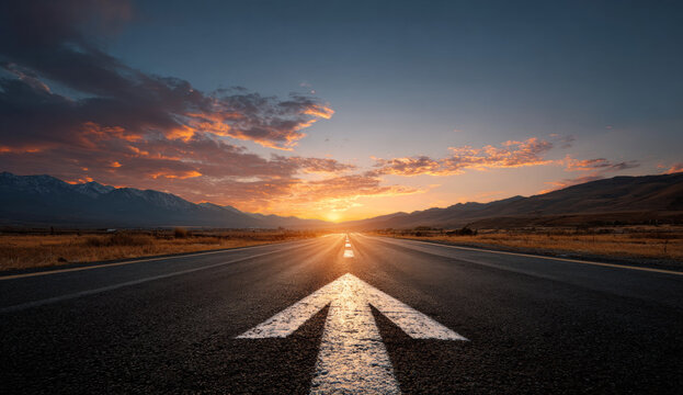 Straight asphalt road extending towards the horizon under a vibrant sunset sky with scattered clouds and distant mountain silhouette